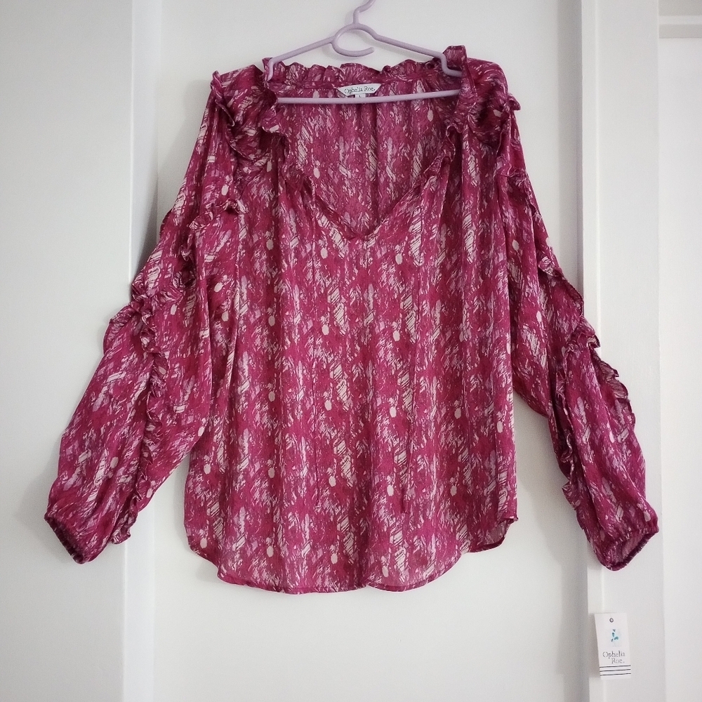 Elegant Pink Maroon Burgundy Long Sleeve Blouse Ruffle Details Summer Size L